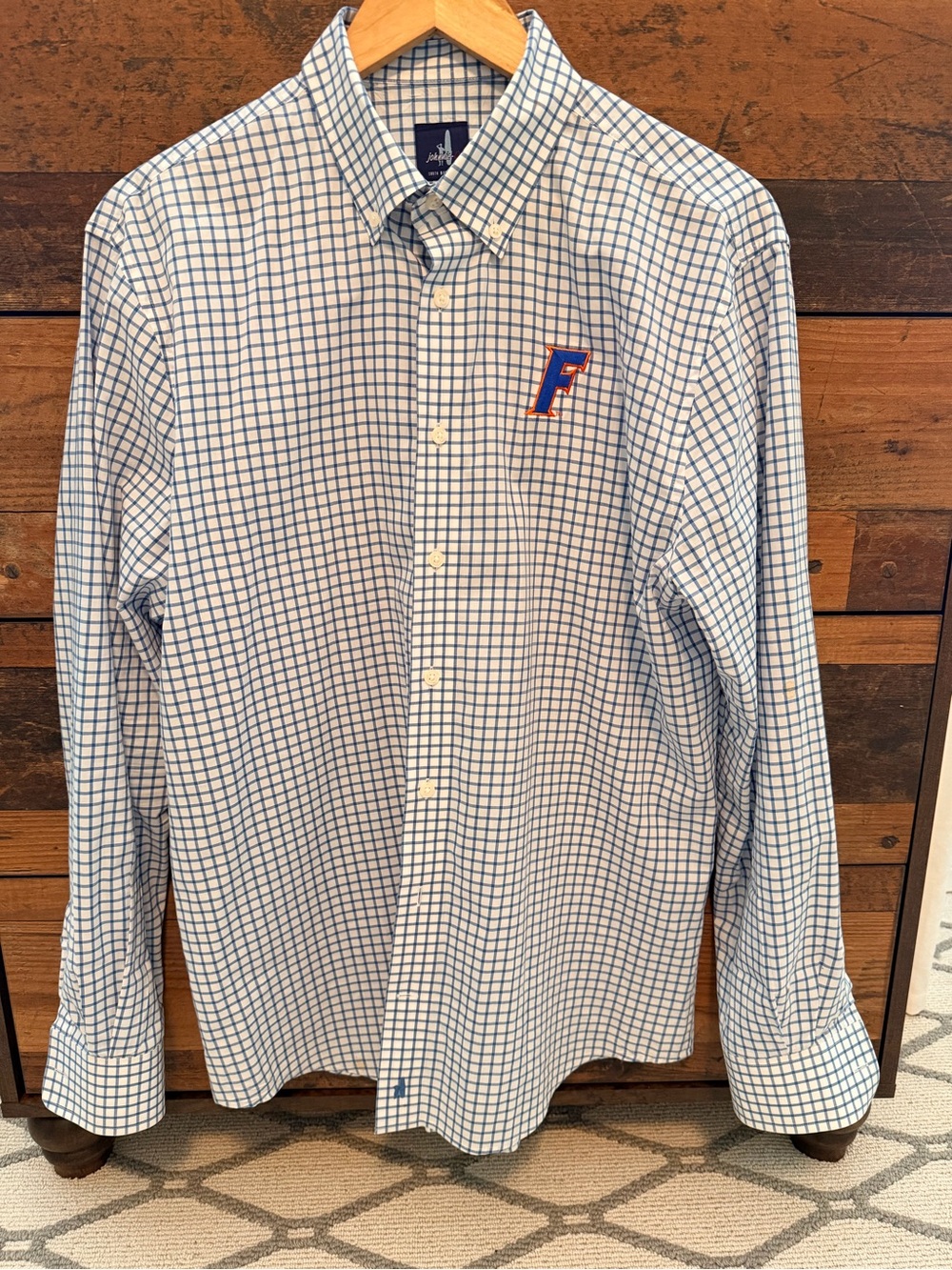 johnnie-O White and Blue Windowpane Button-Down Shirt with Florida Gators “F”